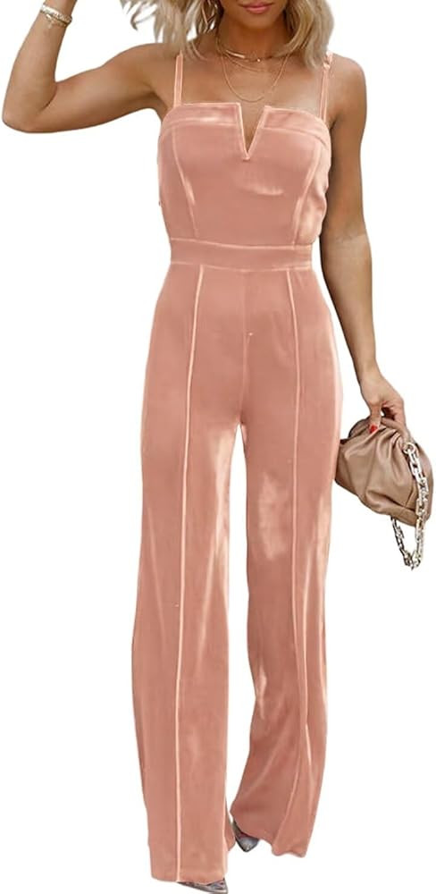 BLENCOT Sleeveless Velvet Jumpsuits For Women V Neck Spaghetti Straps Wide Leg Long Pants Dressy ... | Amazon (US)