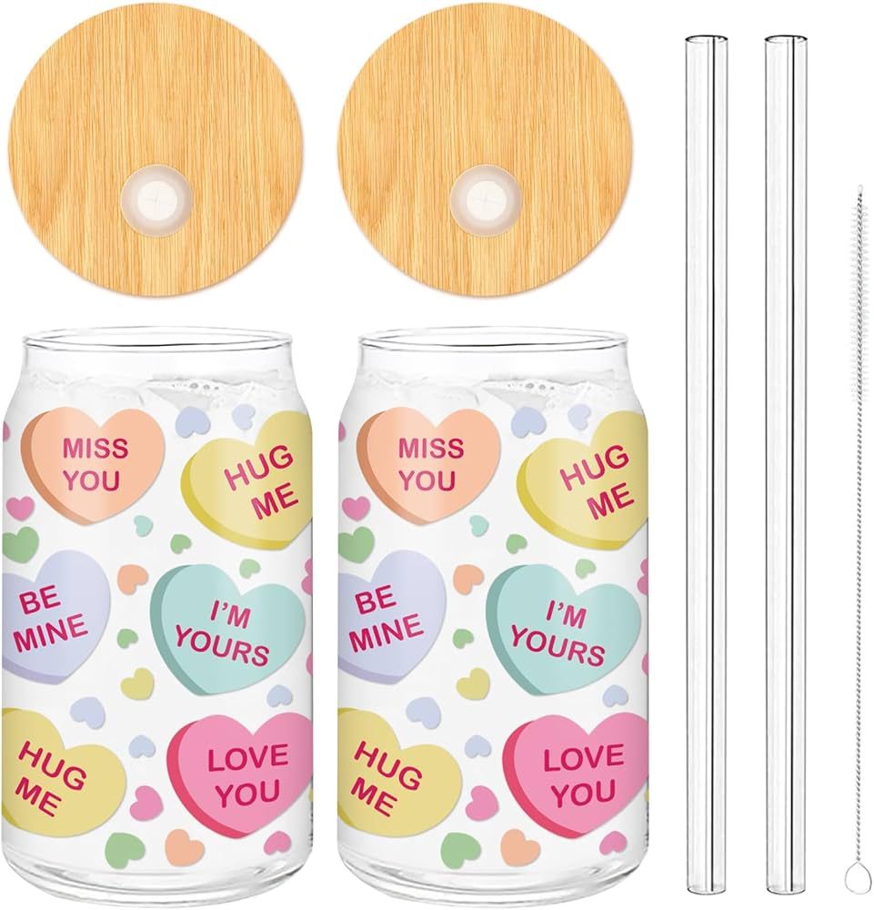 Whaline 2 Pack Valentine's Day Drinking Glasses Conversation Heart Iced Coffee Cup Colorful Heart... | Amazon (US)
