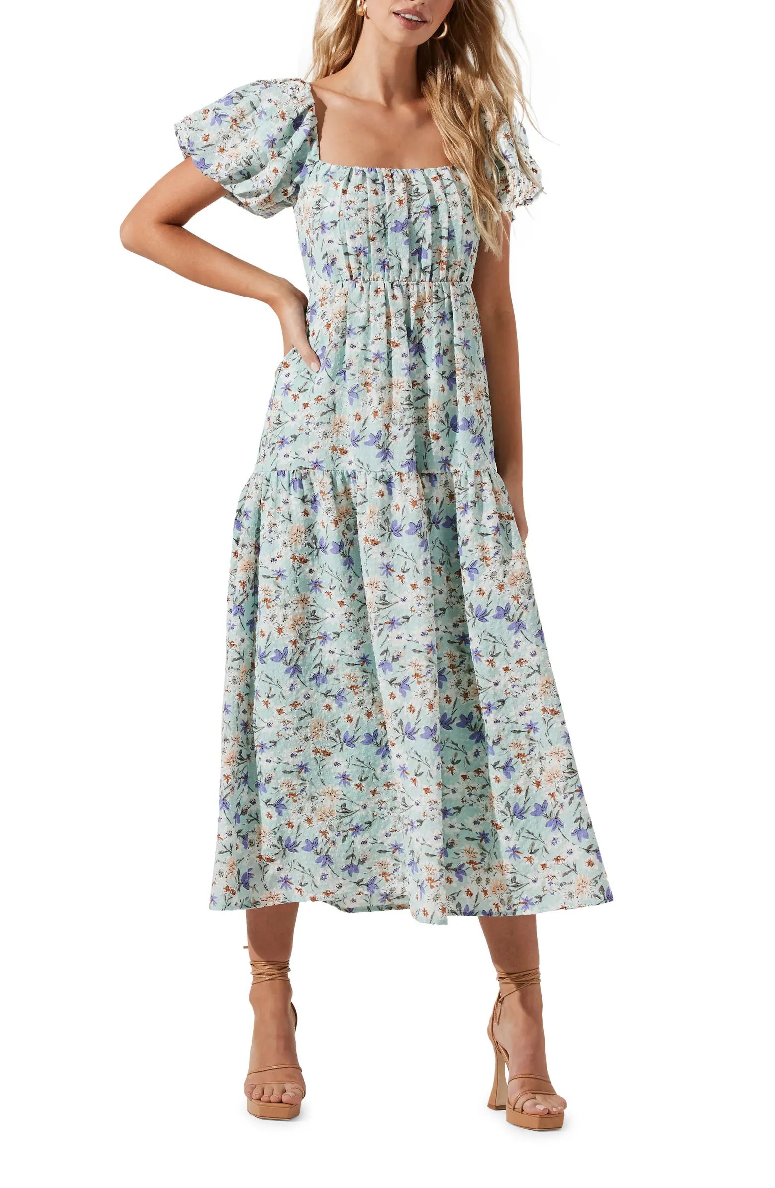 Puff Sleeve Floral Cotton Midi Dress | Nordstrom