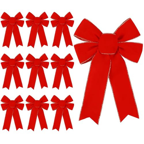 DIYDEC 10PCS Christmas Red Bows Decorations, 9 x 13 Inches Large Velvet Christmas Tree Wreaths Bows with Glitter Gold Edge for Xmas Home Fence Stairs Railing Fireplace Indoor Outdoor Front Door Decor | Amazon (US)