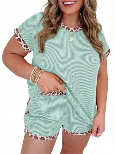 Beautife Womens Plus Size 2 Piece Short Sets Leopard Print Ribbed Knit Short Sleeve Top 2026 Summer Casual Lounge Set | Amazon (US)