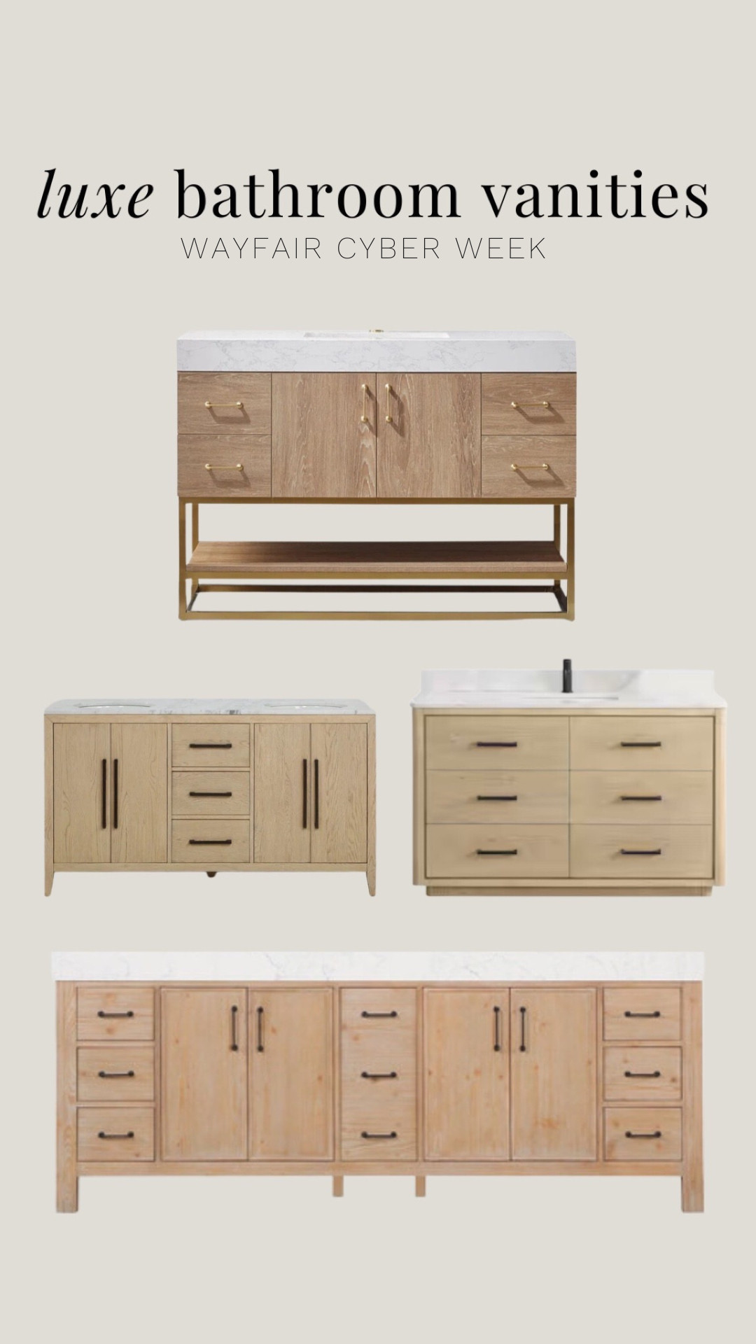 If you have been thinking about updating your bathroom, a new vanity is one of the biggest impact changes you can make. It sets the tone for the entire space and instantly makes the room feel more polished and pulled together.

Wayfair’s Cyber Week sale is live and bathroom vanities are up to 50 % off with fast shipping. I rounded up my favorite styles, from clean and modern to warm and traditional, so you can find one that fits your home.

If you want a fresh look for the holidays or a simple way to upgrade your bathroom for the new year, this is the place to start.

@wayfair #wayfairpartner #wayfair #ad  

 #LTKHoliday #LTKHome #LTKSaleAlert
