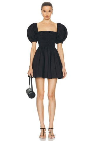 Matteau Shirred Peasant Mini Dress in Black | FWRD 