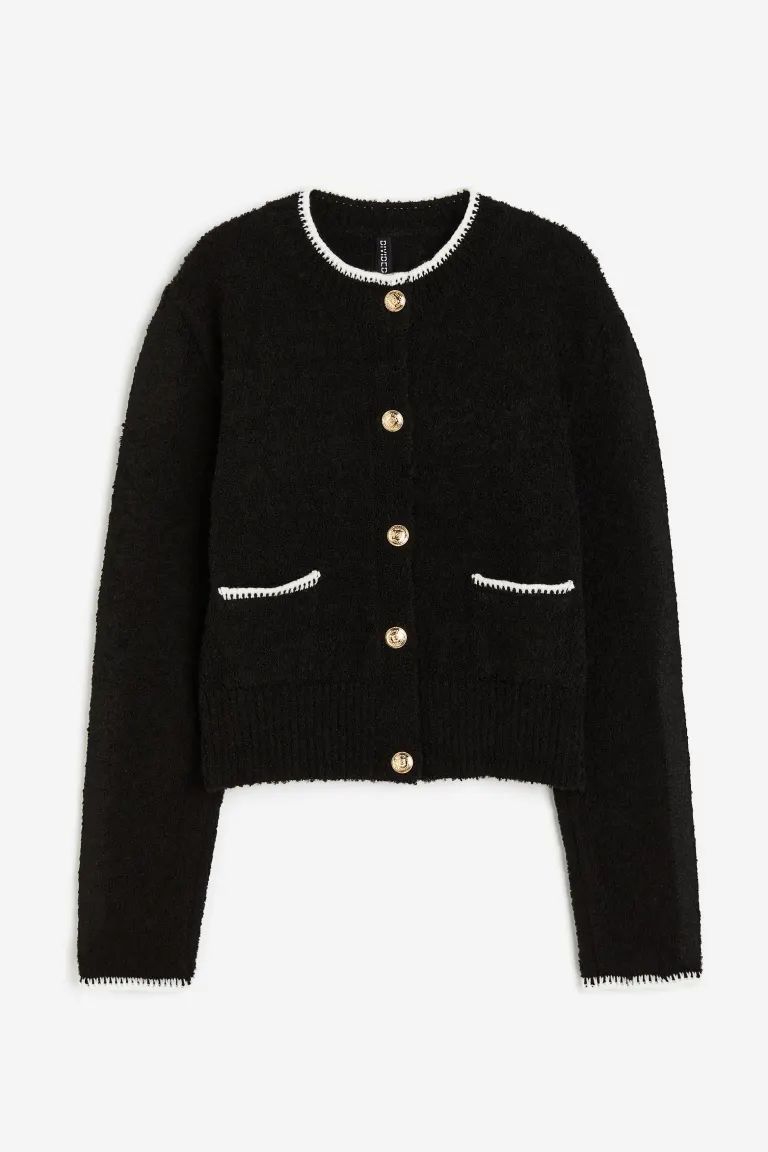 Blanket-stitch Textured-knit Cardigan - Black - Ladies | H&M US | H&M (US + CA)