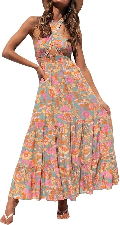 ZESICA Women's Summer Crossover Halter Neck Sleeveless Plaid Cut Out Backless Flowy A Line Maxi D... | Amazon (US)