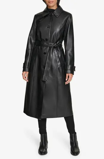 Calvin Klein Faux Leather Belted Trench Coat in Black at Nordstrom Rack, Size X-Large | Nordstrom Rack