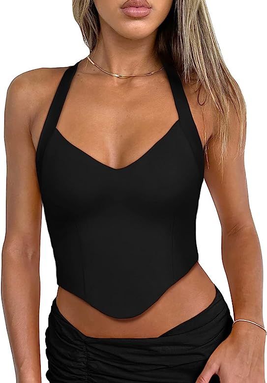 REORIA Women's Summer Sexy Halter V Neck Sleeveless Backless Y2K Going Out Crop Tank Tops | Amazon (US)