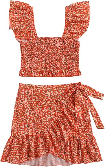 MakeMeChic Women's Two Piece Ruffle Trim Cami Crop Top and Wrap Skirt Set | Amazon (CA)