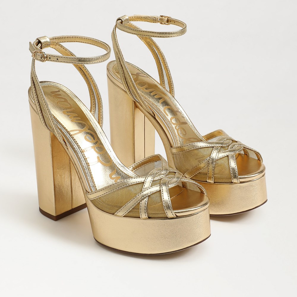 Sam Edelman Sandy Block Heel Platform Sandal Amber Gold Leather | Sam Edelman