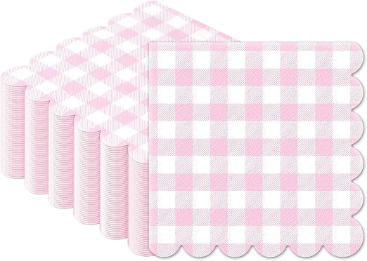 Light Pink Gingham Napkins 50 Pcs 3-ply Pink and White Checkered Napkins Disposable Plaid Scallop... | Amazon (US)