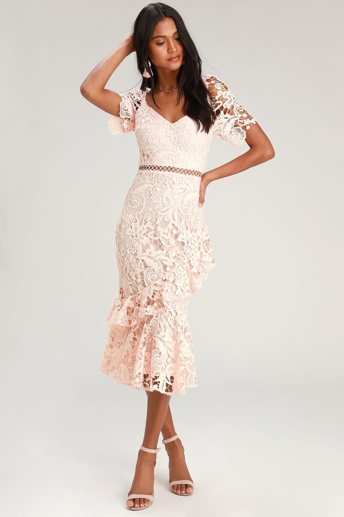 Briarwood Blush Pink Lace Ruffled Midi Dress | Lulus (US)