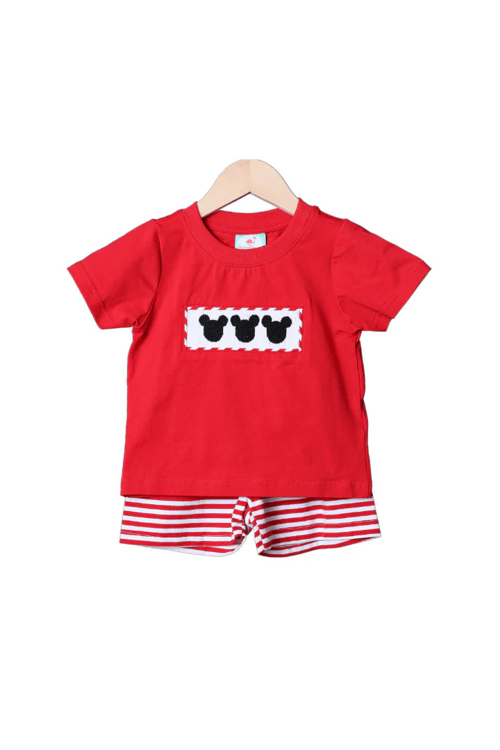 Hand Smocked Mouse Red Stripe Set | The Smocked Flamingo