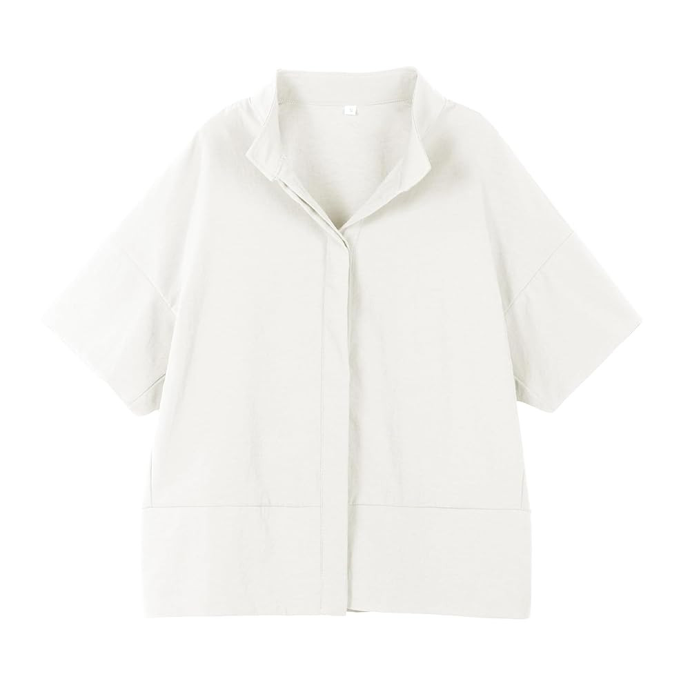 Ainangua Women Casual Button Down Shirts Oversized Short Sleeve Stand Collar Tops Trendy Work Blo... | Amazon (US)