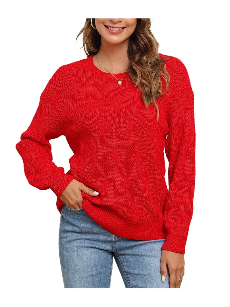 Uvplove Women's Long Sleeve Crew Neck Knitted Pullover Sweater x red-l | Walmart (US)
