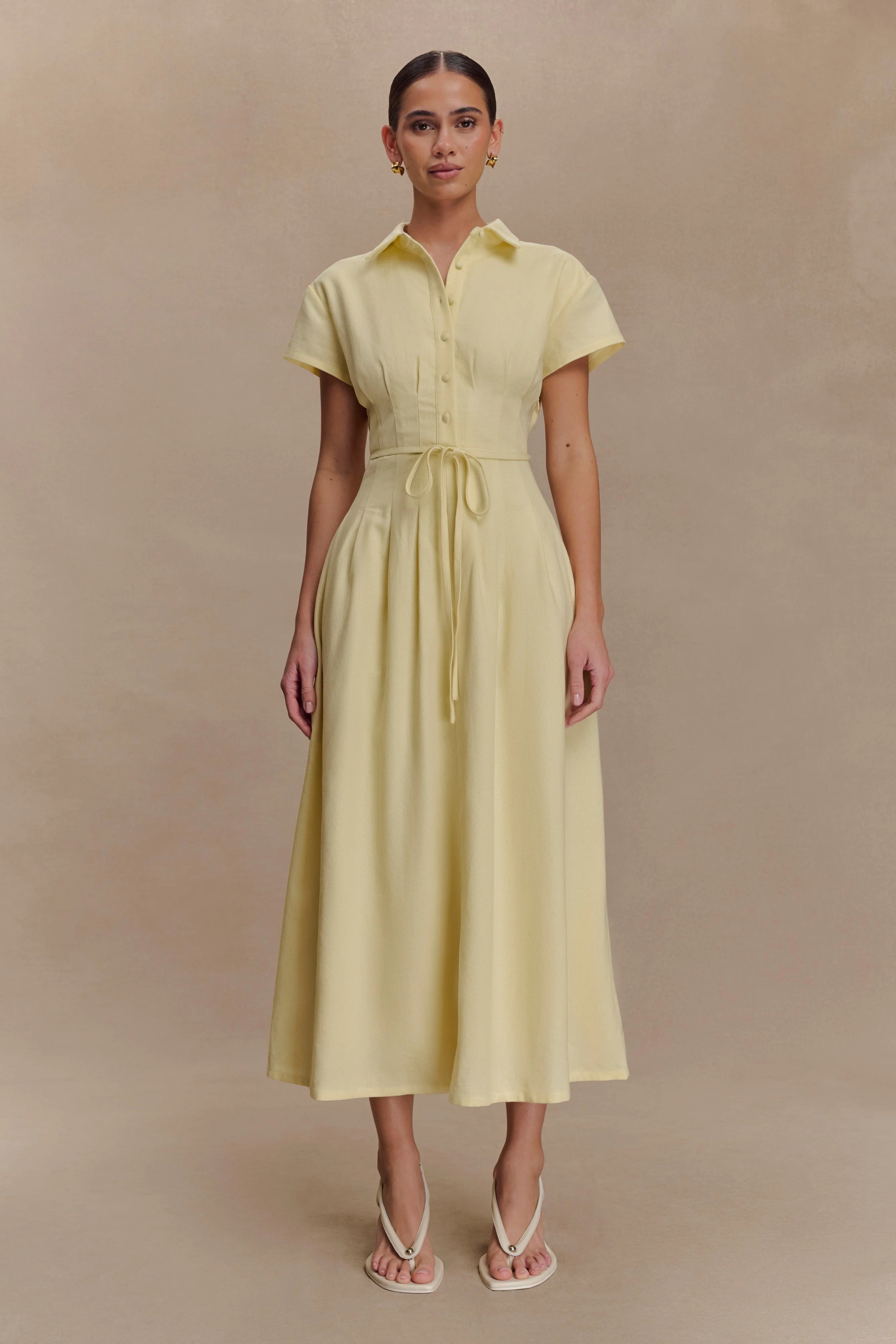 Aysha Buttoned Linen Midi Dress - Lemon | MESHKI US