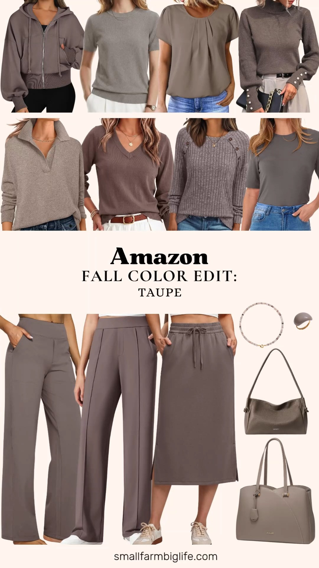 Taupe is my favorite fall neutral, and Amazon has so many good pieces in this shade right now. I pulled together a full color edit so you can build cozy, business casual outfits without straying from your neutral palette.

For tops, there are lightweight wool blend sweaters, chiffon blouses, turtlenecks, and polo v neck pullovers, all easy to dress up for work or wear casually on the weekend. The zip up cropped hoodie is a great layering piece for cooler mornings, and the lantern sleeve and mock neck sweaters are both soft and trendy for fall.

On the bottoms side, the yoga dress pants and wide leg yoga pants are high waisted with pockets, so they are comfortable enough for travel days but polished enough for the office. The modal maxi skirt is silky soft with a drawstring waist for easy lounging or casual outfits.

Rounding it out, the taupe teacher tote and pebbled vegan leather shoulder bag are both roomy work bags with multiple pockets, and the beaded necklace and enamel cocktail ring add a simple finishing touch to any outfit.

Shop the full taupe edit below for business casual tops, work pants, bags, and accessories all in one cozy neutral shade.

#LTKfindsunder50 #LTKworkwear #LTKSeasonal #TaupeOutfits #FallFashion2026 #NeutralWardrobe #BusinessCasualStyle #AmazonFashionFinds #CozyFallStyle #WorkOutfitIdeas 

 #LTKootd #LTKOver40 #LTKWorkwear