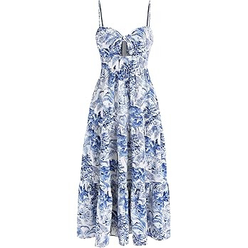 CIDER Santorini Beach Vacation V-Neck Landscape Painting Cut Out Knotted Cami Midi Dress | Amazon (US)