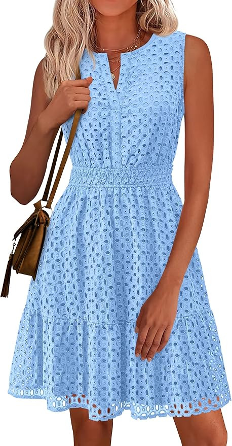 PRETTYGARDEN Women's Summer Dresses 2026 Sleeveless V Neck Eyelet Hollow Out Swing A Line Beach V... | Amazon (US)