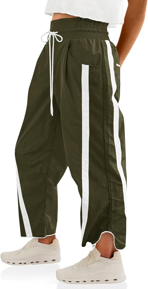 Fisoew Women's Baggy Wide Leg Pants Casual Drawstring Elastic Waisted Contrast Color Workout Y2K ... | Amazon (US)