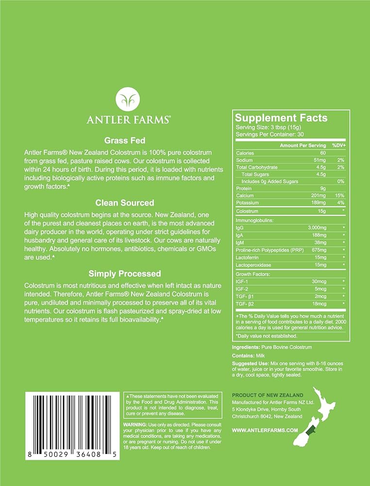 Antler Farms 100% Pure New Zealand Colostrum, 30 Servings, 1 lb - Grass Fed, Pasture Raised, Clea... | Amazon (US)