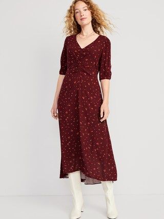 Puff-Sleeve V-Neck Crepe Midi Dress for Women | Old Navy (US)