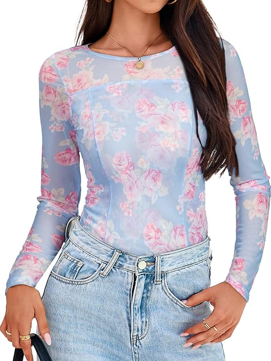 Glamaker Womens Mesh Sheer Lace Tops Sexy Long Sleeve Going Out Casual Floral Slim Fit Blouses Sh... | Amazon (US)