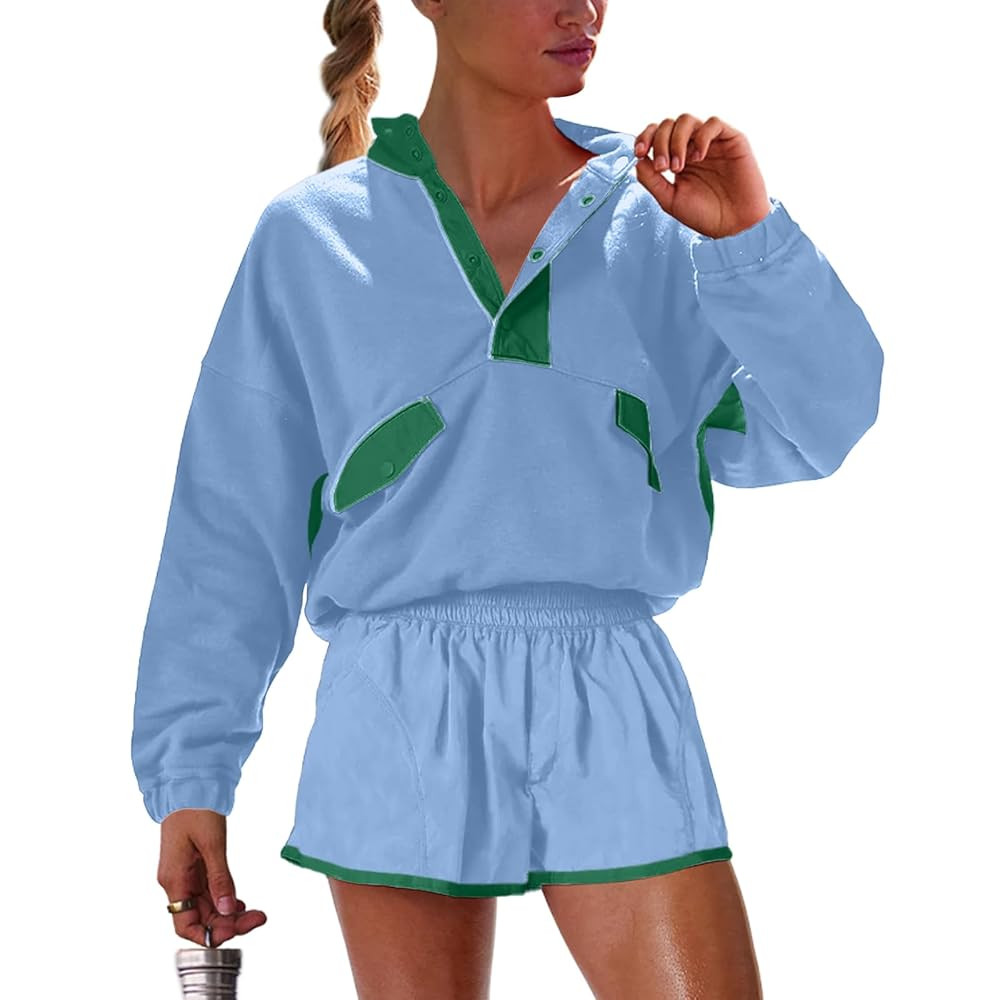 Womens Two Piece Matching Sets Long Sleeve Top Short Set with Pockets Casual Workout Lounge Trave... | Amazon (US)