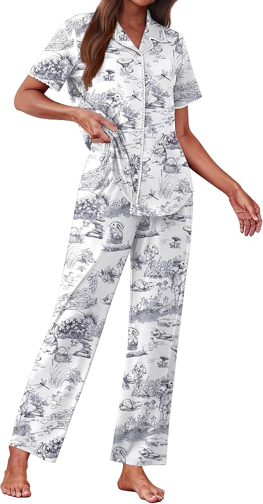 Ekouaer Women's Pajama Sets Button Down Loungewear Short Sleeve Sleepwear 2 Piece Pants Pjs Set w... | Amazon (US)