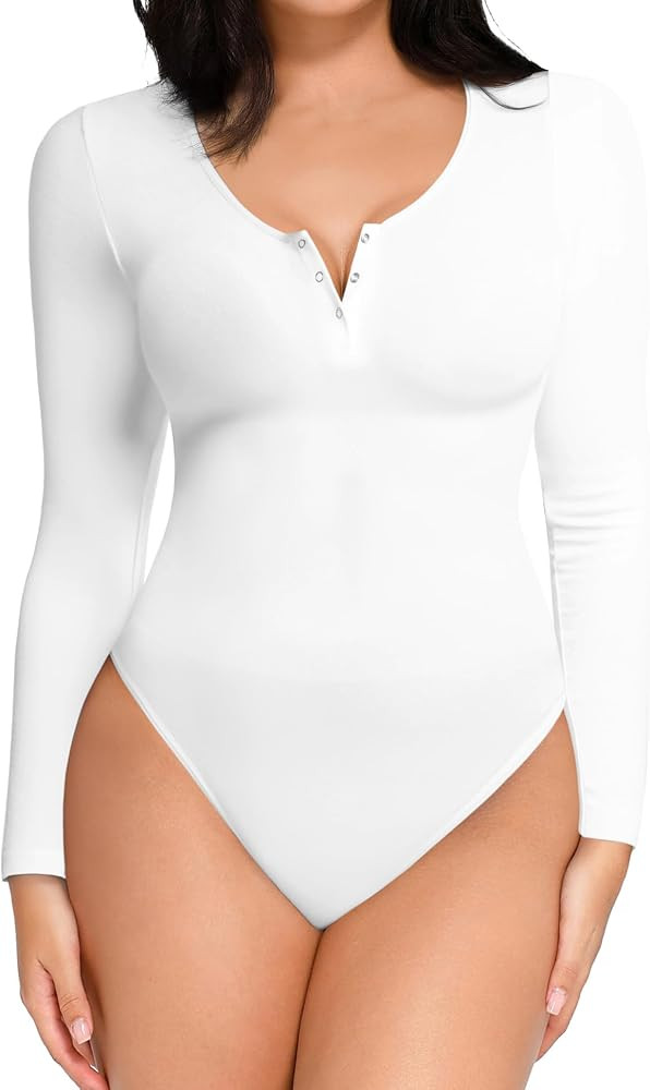 Popilush Long Sleeve Shapewear Bodysuit Tummy Control Henley Button Up Modal Scoop Neck Body Suit... | Amazon (US)