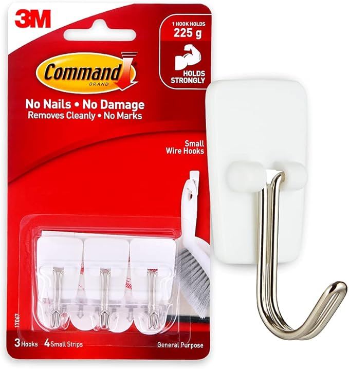 Command Small Wire Hooks, White, 3-Hooks, 4-Strips, Organize Damage-Free | Amazon (US)