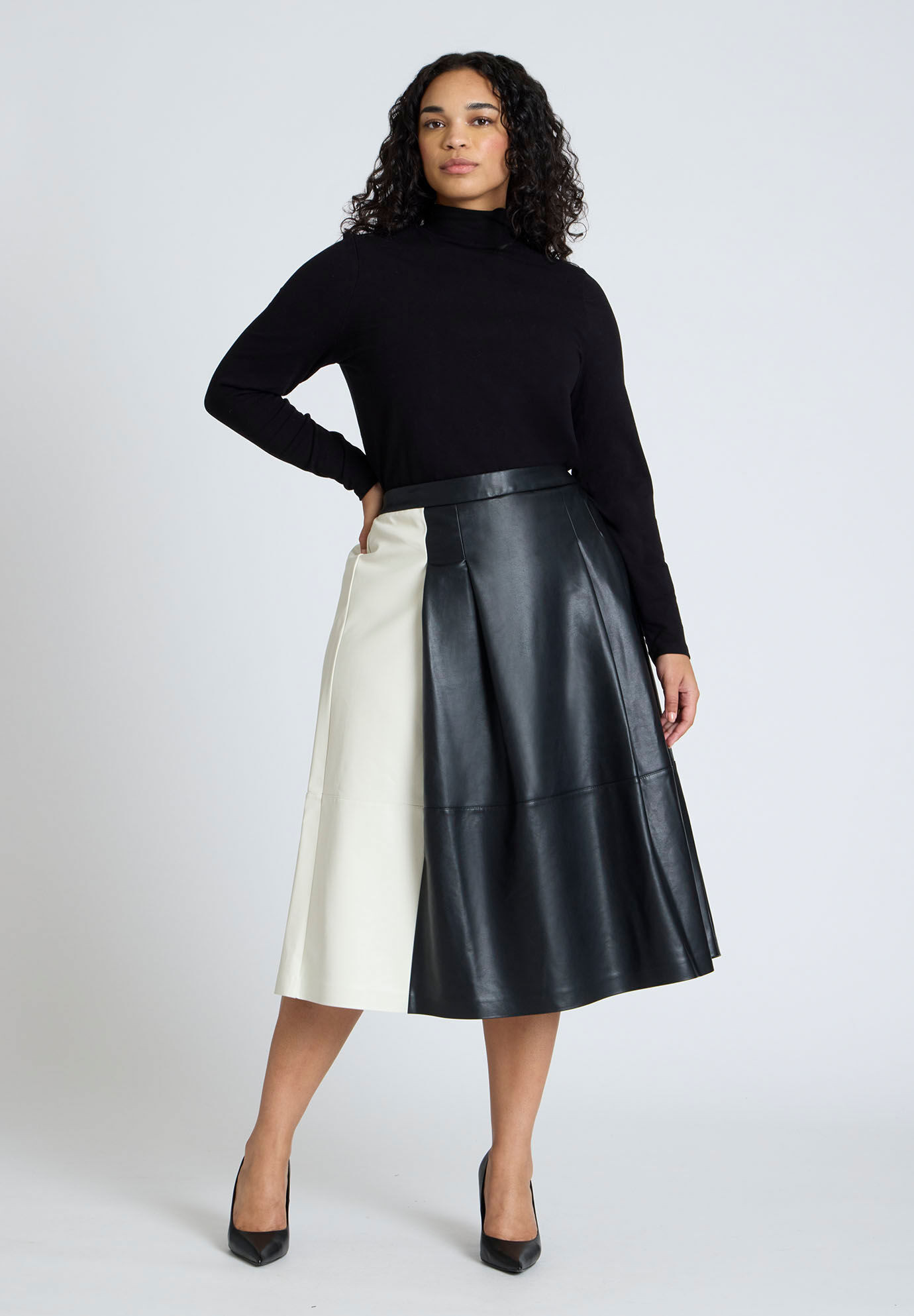 Colorblocked Faux Leather Full Midi Skirt | Eloquii