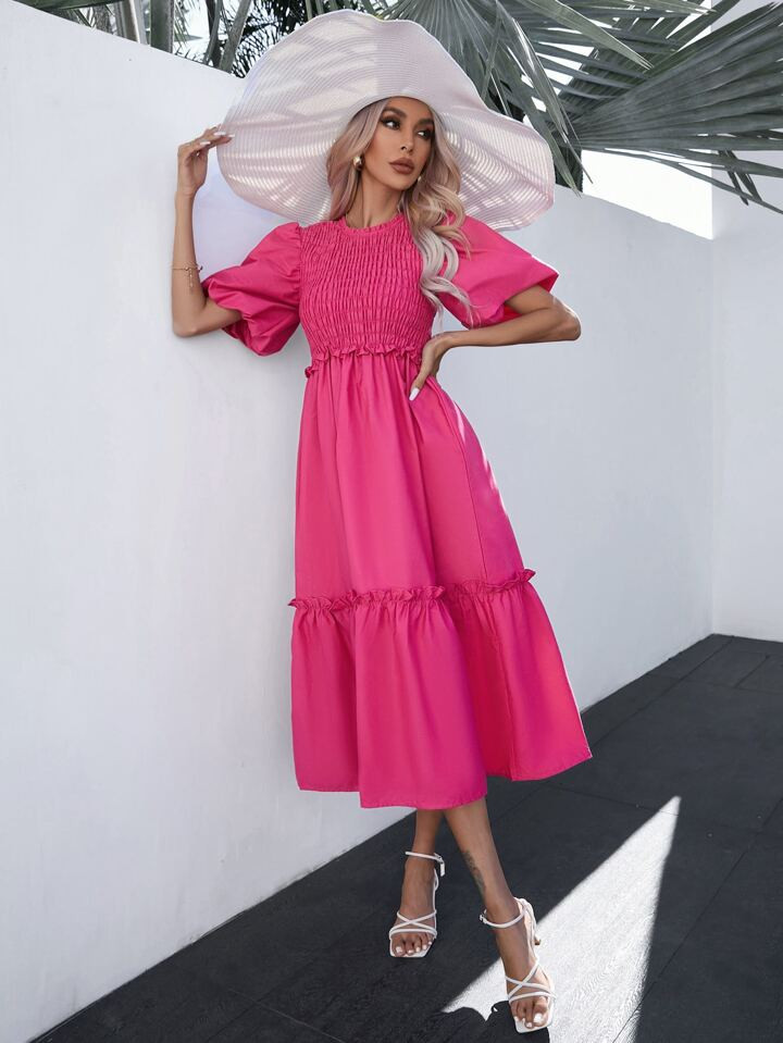SHEIN VCAY Puff Sleeve Ruffle Hem Dress | SHEIN