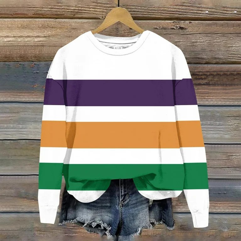 PURJKPU Womens Mardi Gras Shirts Carnival Party Crewneck Sweatshirt Casual Mask Print Long Sleeve... | Walmart (US)