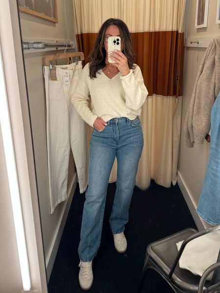 I didn’t think I liked these jeans when I tried them on but looking at the picture I actually do like them a lot.. 90’s straight leg in standard length (I’m 5’6 and took my bigger size$  Sweater - i tried size small. Loved the loose fit.  
