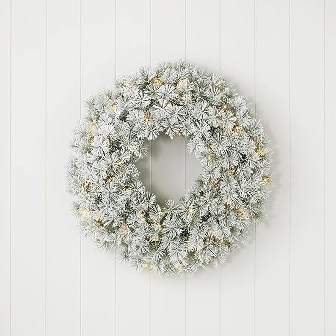 Flocked Winter Fir 24" Flocked Hard Needle Wreath | 50 Warm White LED Battery Operated Lights | f... | Amazon (US)