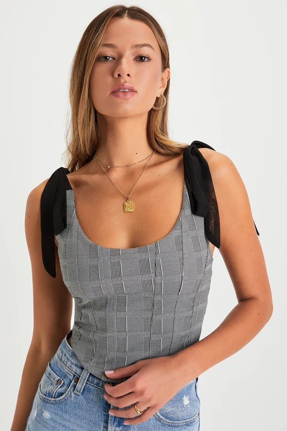 Chic Temptation Black and Ivory Plaid Tie-Strap Crop Top | Lulus (US)
