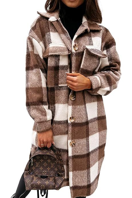 Koitniecer Women Plaid Long Shacket Jacket Casual Oversize Long Sleeve Lapel Button Down Jacket with | Amazon (UK)
