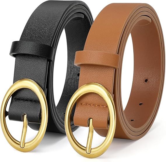 SANSTHS 2 Pack Women Belts for Jeans Pants Dresses Fashion Waist Belt Gold Buckle for Women | Amazon (US)