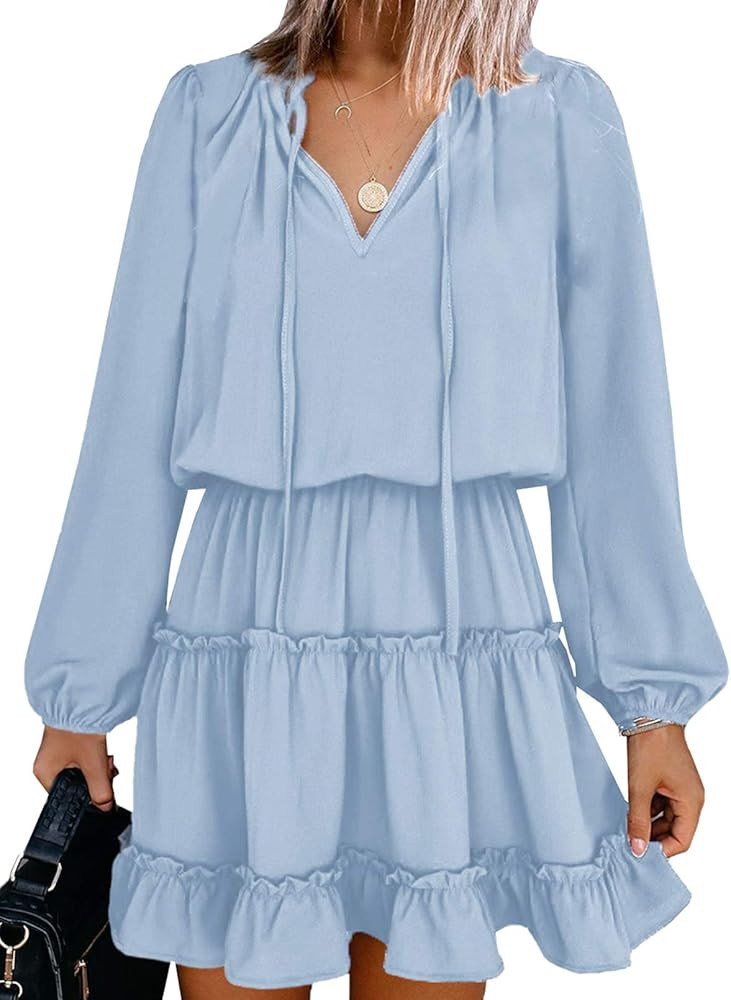 Womens Split V Neck Ruffle Chiffon Elegant Mini Short Skirt Dresses | Amazon (US)