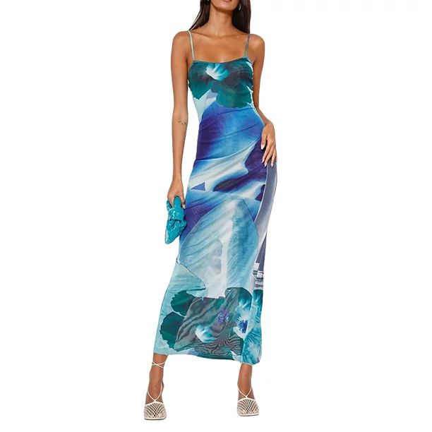 Listenwind Women's Summer Long Dress Unique Print Spaghetti Straps Open Back Slim Fit Slit Wrap H... | Walmart (US)