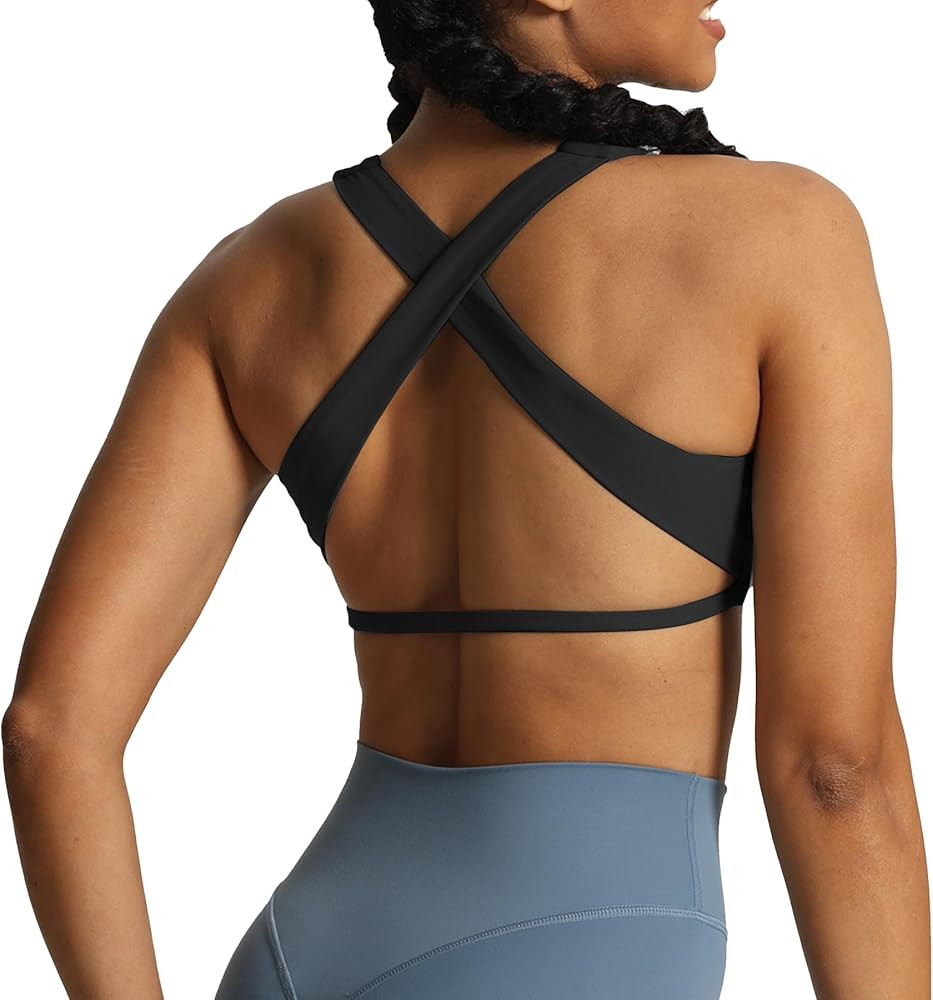 Aoxjox Women's Workout Sports Bras Square Neck Emma Cross Back Fitness Padded Training Gym Bra Yo... | Amazon (US)