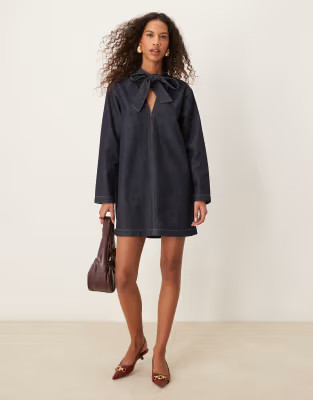 ASOS DESIGN v neck denim dress with bow tie neck | ASOS (Global)