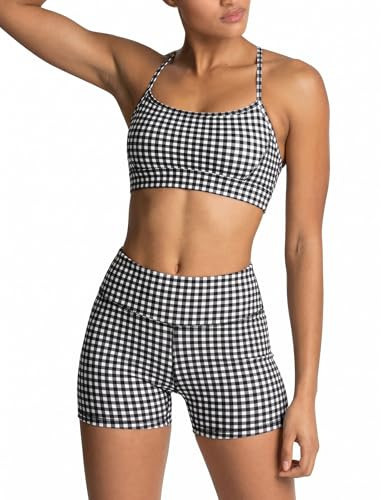 ABOCIW Gingham Workout Sets for Women 2 Piece Outfits Cross Back Sports Bra High Waist Biker Shorts Athletic Clothes Active Wear Yoga Pilates Outfits Gym Matching Sets Gingham Black X-Small | Amazon (US)