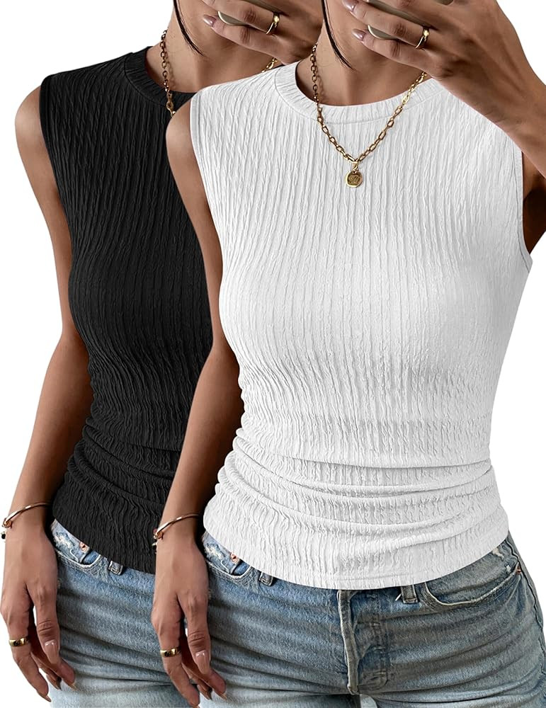 Zeagoo Women's High Neck Tank Top 2025 Summer Casual Ribbed Knit Slim Fitted Basic Textured Sleev... | Amazon (US)