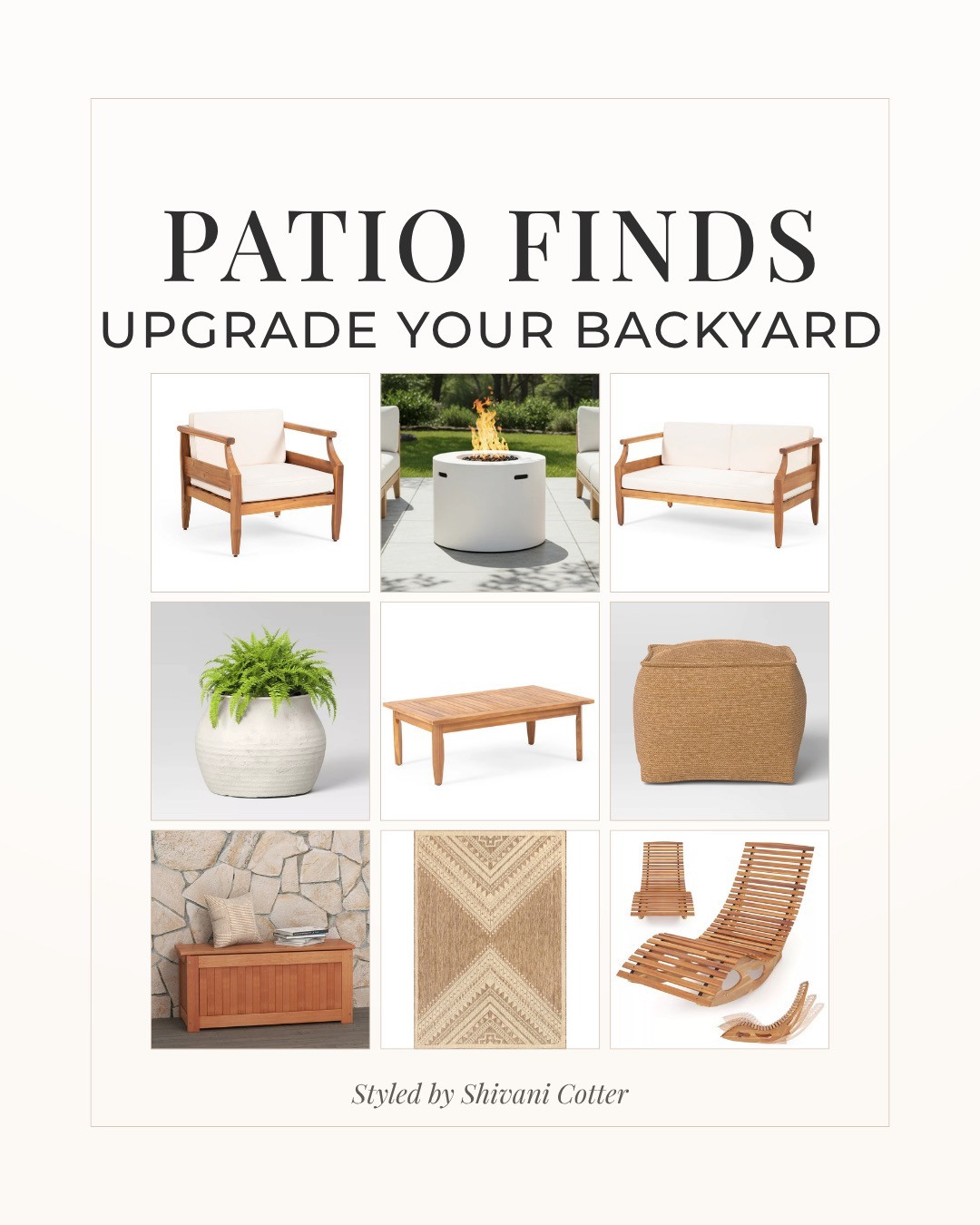 Patio Furniture & Decor 
Patio Ideas to upgrade your backyard. 

Creating a backyard that feels like a summer retreat doesn’t have to be complicated. These patio pieces instantly make your space feel more elevated, neutral, and put together while still being functional for everyday living. 
Patio Furniture | Patio Seating | Outdoor Lighting | Solar Lights | Firepit | Outdoor Fireplace | Outdoor Rug | Lounge Chair | Outdoor Planter | Chaise Lounge 

 

#LTKSeasonal #LTKHome