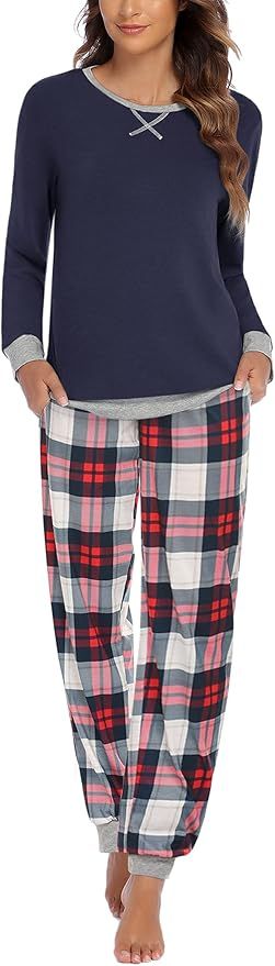 Ekouaer Women's Pajamas Sets Long Sleeve with Plaid Pants Soft Sleepwear O Neck 2 Piece Pjs Jogge... | Amazon (US)