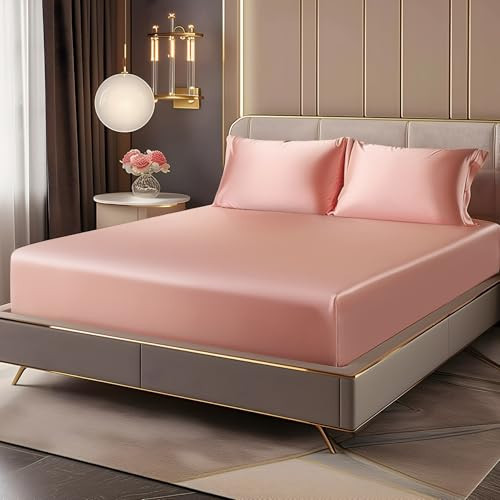 BEDELITE Satin Fitted Sheet and Pillowcases Set, Luxury Soft Similar to Silk Bottom Bed Sheet with Elastic Corner Straps, Deep Pocket up to 15 Inch, 1 Fitted Sheet and 2 Pillowcases(Queen, Rose Pink) | Amazon (US)