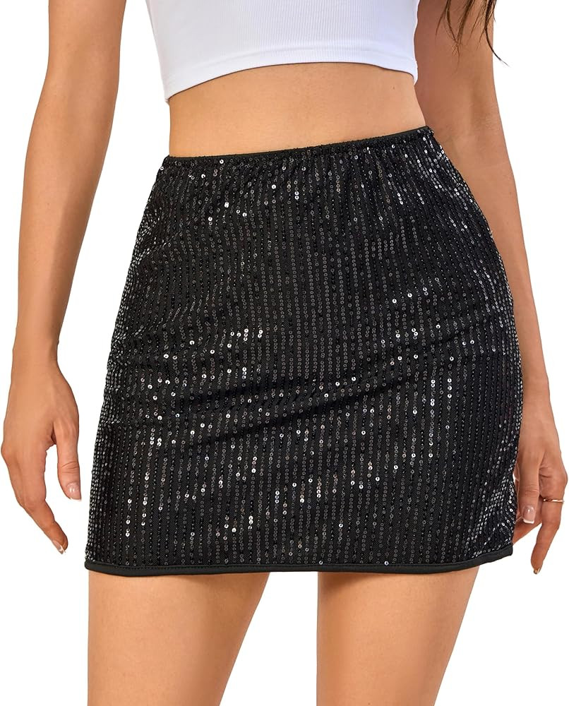 Women's Sequin Mini Skirt Sparkle High Waisted Giltter Shiny Stretchy Bodycon Skirts for Night Ou... | Amazon (US)