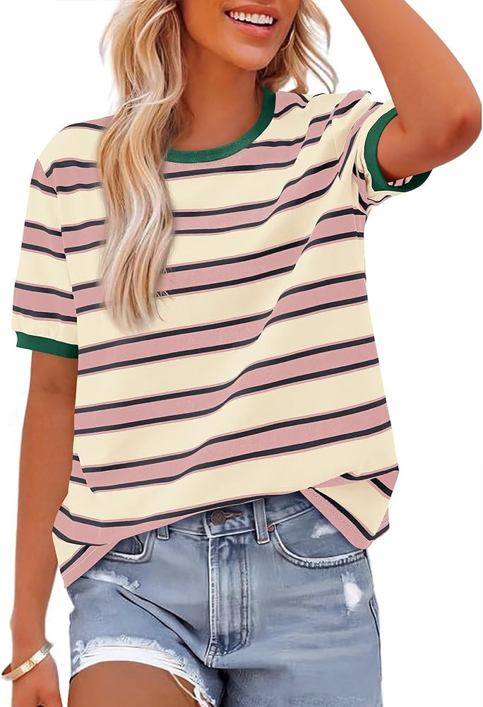 BTFBM Summer Tops for Women 2026 Crewneck Short Sleeve Striped T Shirts Casual Spring Clothes Col... | Amazon (US)