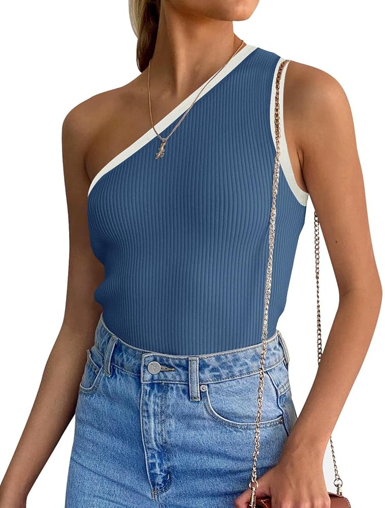 ZESICA Women's One Shoulder Tank Top Summer Sleeveless T Shirt Ribbed Knit Color Block Slim Fit B... | Amazon (US)